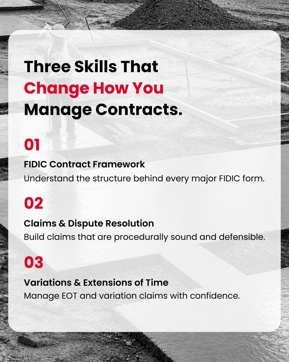 red_learning's tweet photo. Every delayed project has a claim hiding inside it.

Do you know how to find it?

Master FIDIC contracts, claims, disputes, variations, and EOT with the FIDIC Certified Contract Manager program.

Register today. 
https://t.co/BMCr7Gej9u https://t.co/X82aqh3s9r