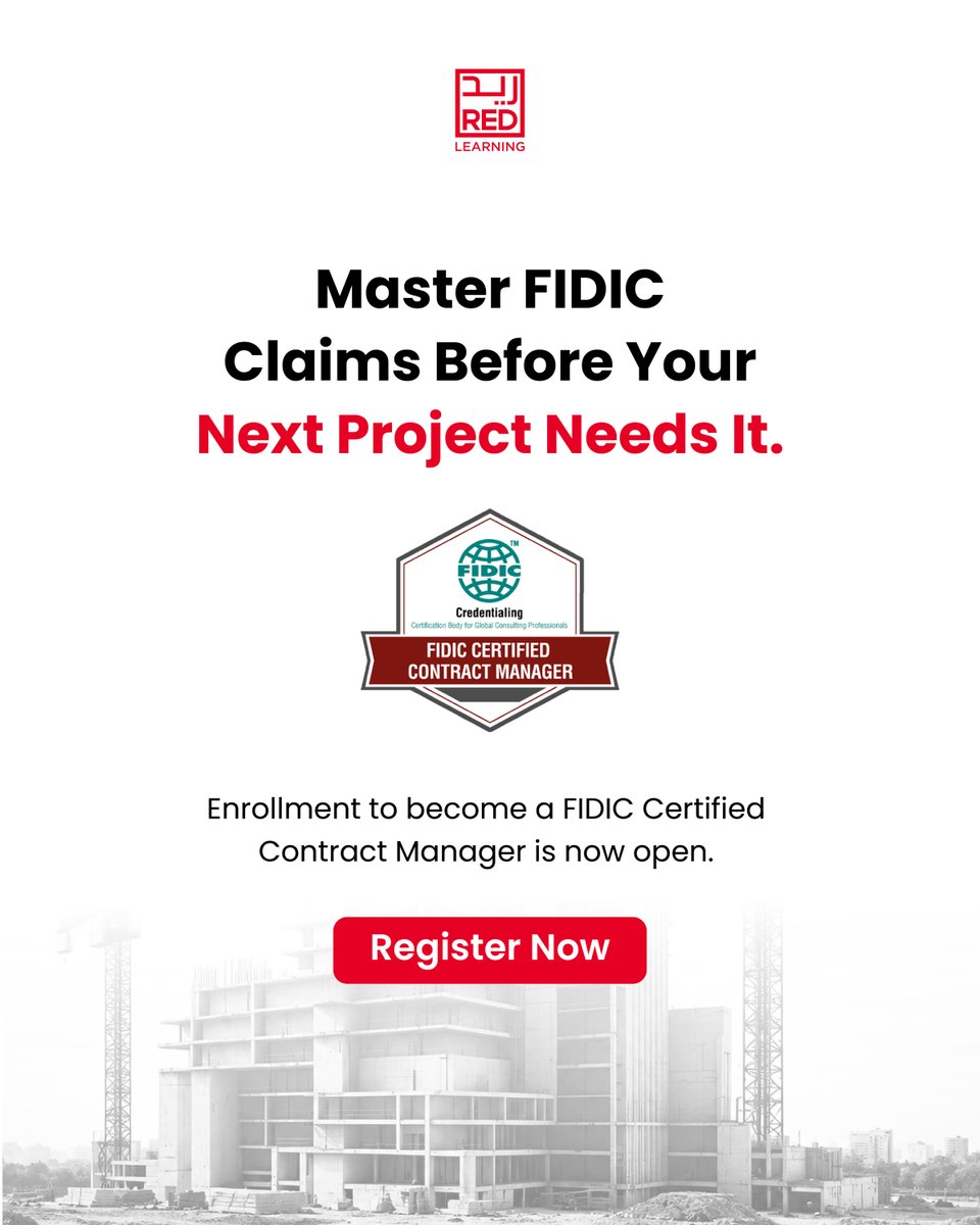 red_learning's tweet photo. Every delayed project has a claim hiding inside it.

Do you know how to find it?

Master FIDIC contracts, claims, disputes, variations, and EOT with the FIDIC Certified Contract Manager program.

Register today. 
https://t.co/BMCr7Gej9u https://t.co/X82aqh3s9r