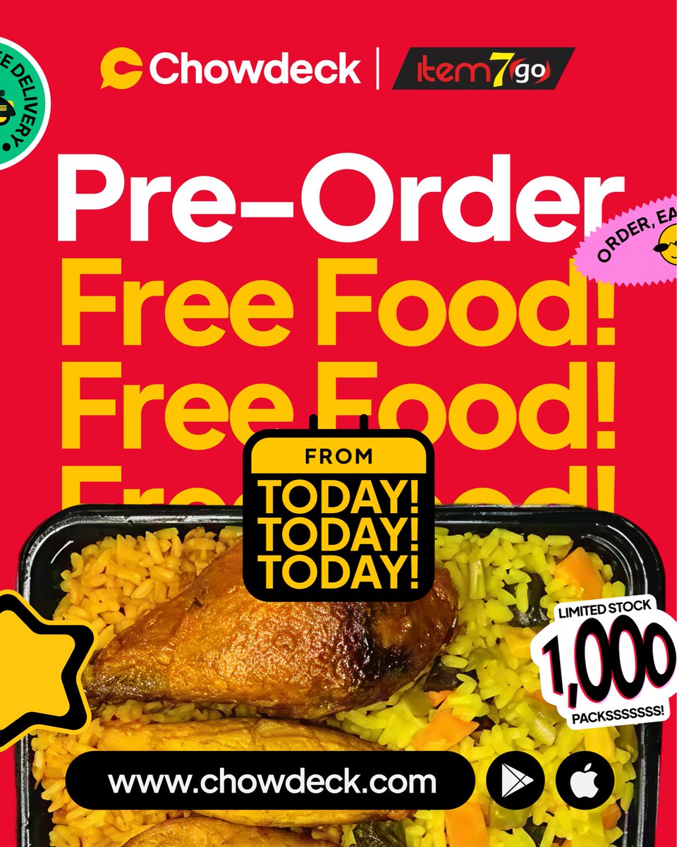chowdeck's tweet photo. FREE FOOD for you and your friends from Item7(go) Abuja tomorrow! π₯π₯
Pre-order yours here ππ½ https://t.co/nGTiZlLPYF
Grab your copy nowwwwwww!
#Empty900Pots #ChowdeckXItem7goAbuja https://t.co/6Phc1cV3uh