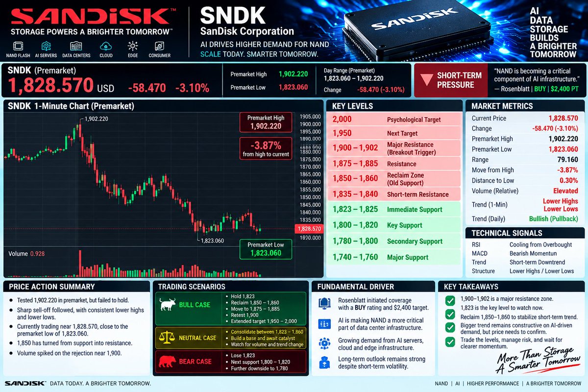 salutemekhalil's tweet photo. ⚠️ $SNDK — $1,850 JUST BROKE

$SNDK is trading around $1,828.57, down 3.10% after rejecting $1,902.22.

Key levels:

🛡️ $1,823–1,825 support
🔥 $1,850–1,860 reclaim zone
🎯 $1,875–1,885
🚀 $1,900 breakout trigger
My view:
The premarket trend is bearish for now.
Hold $1,823 and bulls still have a shot at reclaiming $1,850.

Lose it and $1,800–1,820 is next.

#SNDK #SanDisk #NAND #AIStocks #Semiconductors #Premarket #Trading