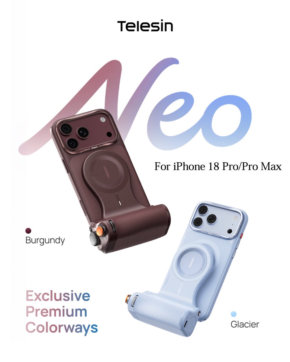 telesinofficial's tweet photo. Ready to launch๐
Meet the TELESIN Master Grip Neo
in Burgundy & Glacier โ
premium colorways made to match the iPhone 18 Pro/Pro Max.
#Telesin #TelesinGrip #telesinmastergripneo #TelephotoLens #telephoto #cameralens #iPhoneCameraAccessories #iPhone18ProMax #iPhone18pro #techtok https://t.co/WFwdzeWVhM