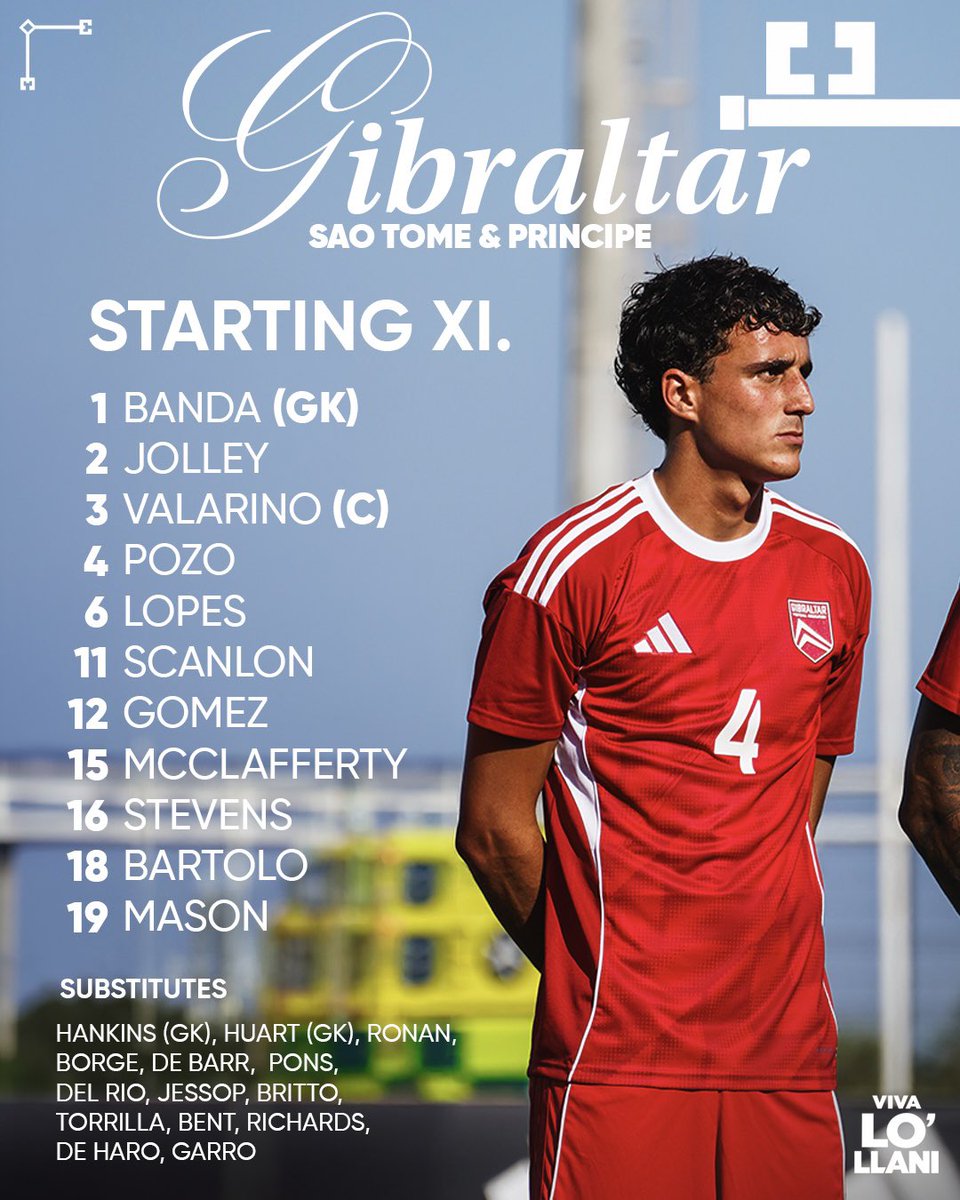 GibraltarFA's tweet photo. Your Gibraltar Starting XI to face São Tomé and Príncipe tonight 🇬🇮
Valarino captains the side at Europa Point. 👊
COME ON GIBRALTAR! ⛰️ https://t.co/88QHyQP3aW
