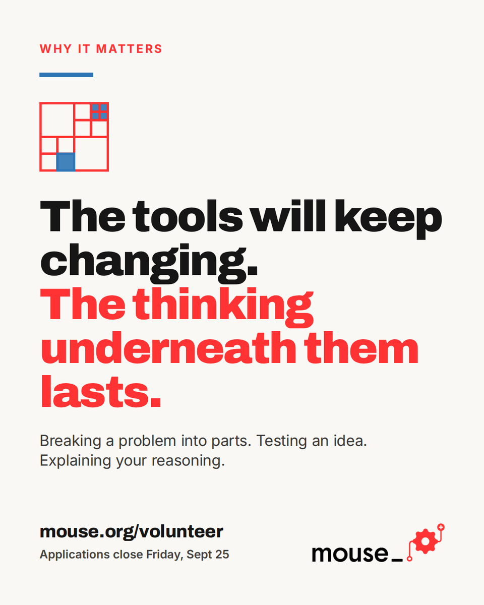mouse_org's tweet photo. The tools will keep changing. The thinking underneath them lasts.

Students in NYC and Newark are building computational thinking skills in the AI era. Help them put that thinking into words.

Join us in cultivating today’s students to become tomorrow’s leaders. https://t.co/4tQbXWRTsy