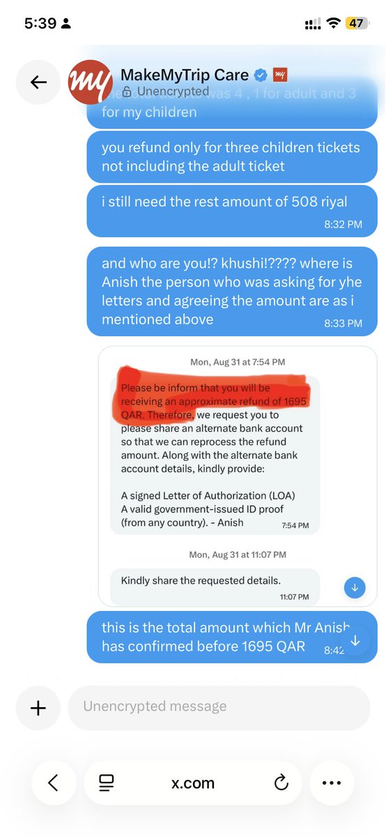 FAlsarayrah's tweet photo. @makemytrip  @makemytripcare  Anish confirmed QAR 1,695 refund in writing. You paid only the kids' tickets. My QAR 508 is still missing. Pay it. @KuwaitAirways https://t.co/1Ul0tlZgKo