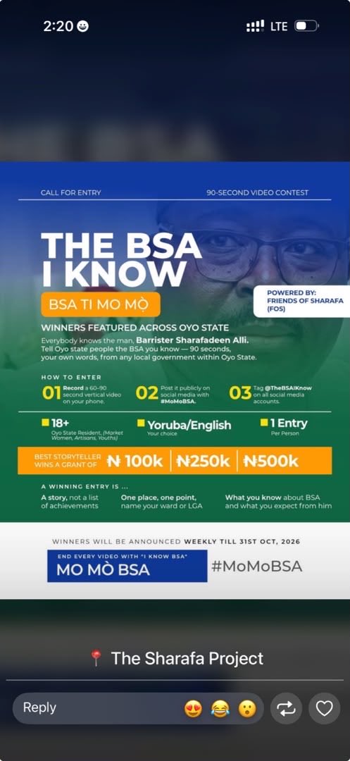 Big_Balloh's tweet photo. Everybody knows Barrister Sharafadeen Alli. But which BSA do you know? 👀
Record a 60–90 sec video in Yoruba or English, post with #MoMoBSA and tag @TheBSAIKnow
💰 ₦100K | ₦250K | ₦500K up for grabs. Winners announced weekly till Oct. 31.
Powered by Friends of Sharafa (FOS).