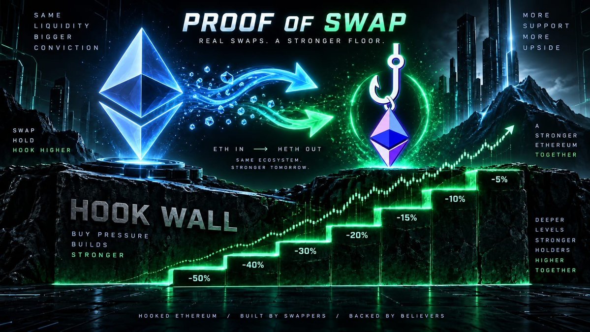 quigleyj10's tweet photo. $HETH is a really interesting experiment I’ve been looking into.
The core idea is “Proof of Swap” — instead of traditional mining, your activity on the protocol generates mining power.
When you swap ETH → HETH through the official pool, an adaptive fee is charged. That fee effectively becomes your “Work” for the current ~6.9-minute block.
When the block ends, rewards are distributed according to how much Work was generated.
No lockups.
No separate mining process.
Your HETH remains liquid.
And the interesting part is what happens next 👇
Buy HETH → generate Work → fees support the Hook Wall → filled orders burn HETH → circulating supply decreases.
The Hook Wall sits below the market price with 7 levels of protocol buy orders.
If those levels are hit and the orders execute, the HETH purchased by the wall is burned.
There’s also a maximum supply of 120M HETH, but the protocol doesn't necessarily mint the full reward when blocks don't reach their target — meaning the eventual supply could end up significantly below the maximum.
According to the docs, there are also claims of:
• No owner/admin keys
• No founder allocation
• No arbitrary minting
• No upgrade mechanism
• No treasury withdrawals
So you've got a very small FDV, actual trading activity, and a pretty experimental token mechanism.
What makes $HETH different is that swaps aren't simply trading volume — they're designed to feed into issuance, protocol support and potentially supply reduction.
Definitely one to keep on the radar. 👀
NFA. DYOR.
$HETH @hookedethereum