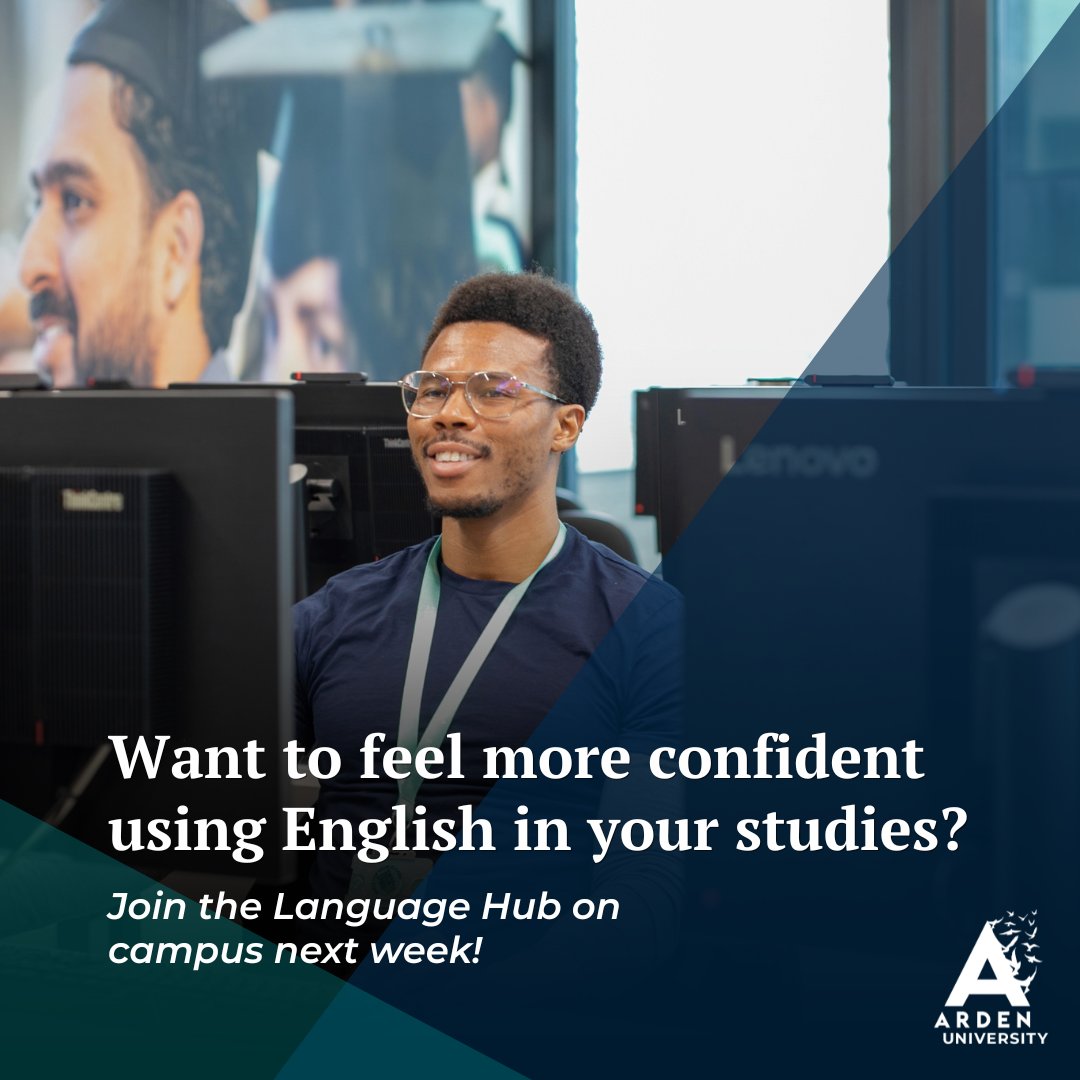Arden_Uni's tweet photo. Want to feel more confident using English in your studies? 💬

Next week, the Language Hub is running writing courses, a brand-new speaking skills course, workshops and 1:1 support across our campuses.

More details here 👉 https://t.co/oKLw1xbDR3

#ArdenUniversity https://t.co/2n55rIvEEH