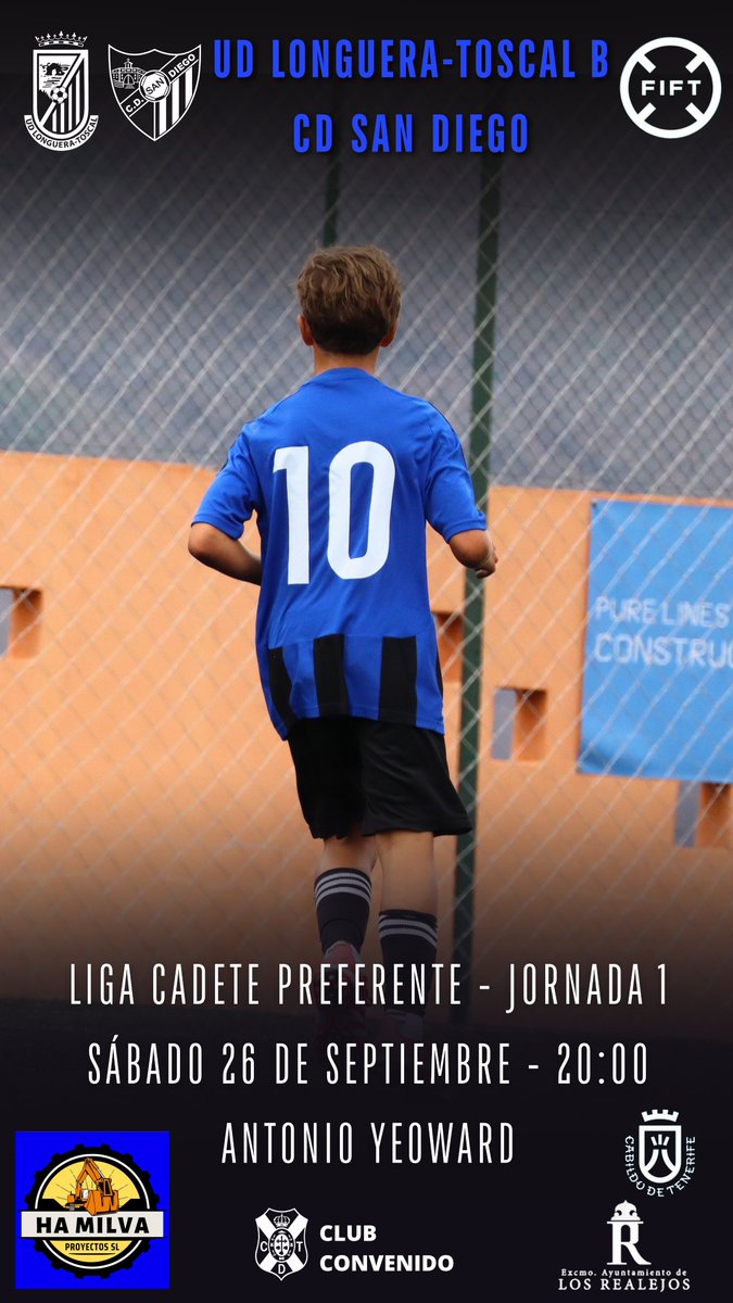 UDLONGUERA's tweet photo. 🔵⚫️ CADETE PREFERENTE ⚫️🔵
⚽️ COMIENZA LA LIGA ⚽️
Este sábado arranca la competición para el Cadete Preferente, que recibe al CD San Diego en el Antonio Yeoward.
📅 Sábado 26 de septiembre
🕗 20:00
🏟️ Antonio Yeoward
UD Longuera-Toscal B 🆚️ CD San Diego
#SaleElSol #udlt https://t.co/rGB9i3UVuM