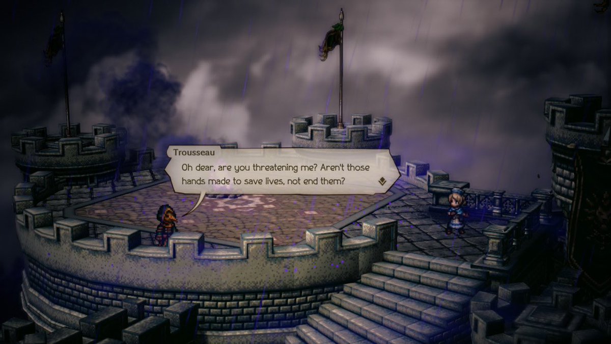 BlueHunterZer0's tweet photo. They gave the Apothecary the best lines in the game.

Even though Trousseau was her former apprentice and friend, he’s too far gone to be reasoned with, and Castti steels her resolve to kill him in order to save hundreds of lives below.

She truly is the best… https://t.co/65l3NZyIna