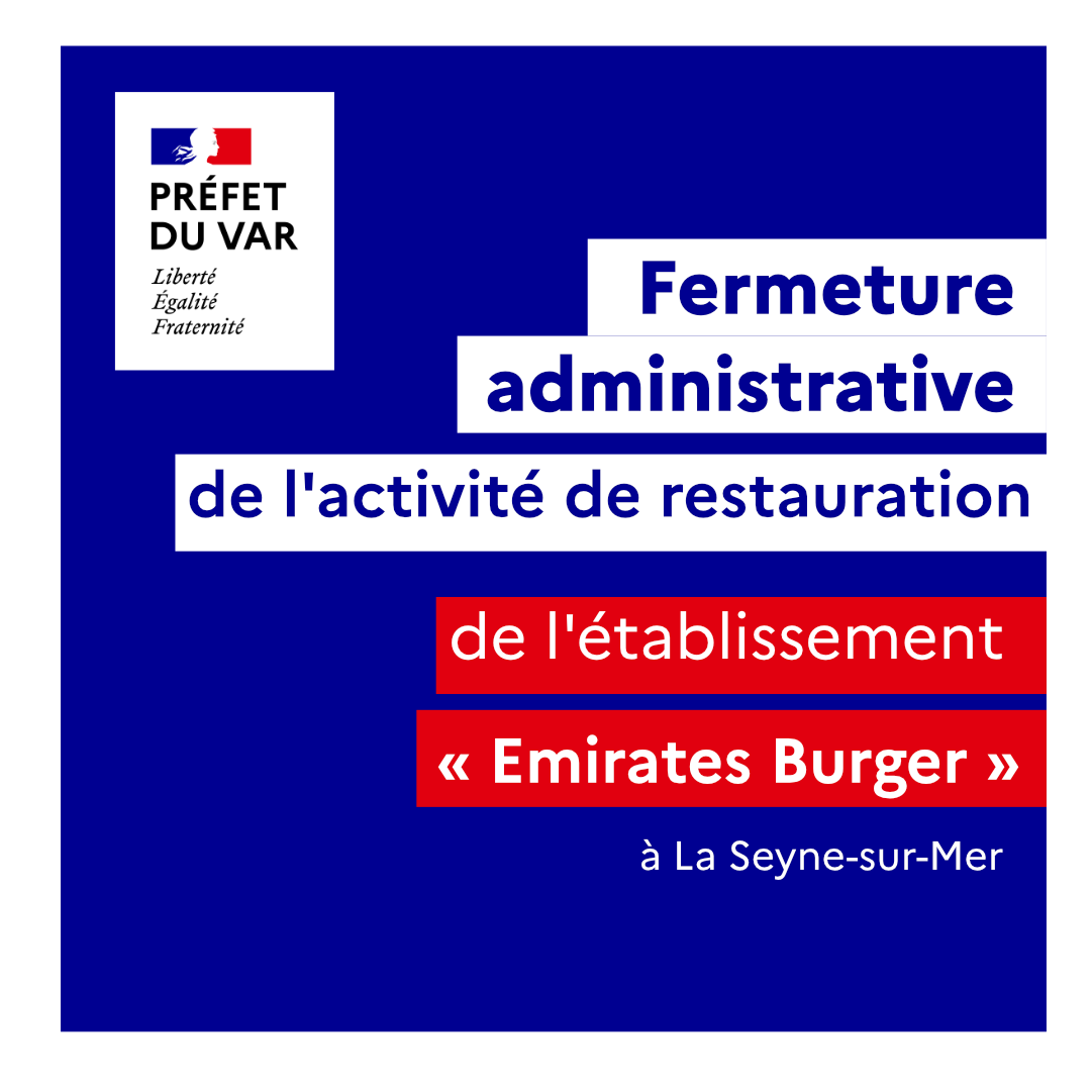 Prefet83's tweet photo. ❌ Fermeture administrative de l’activité restauration de l’établissement « Emirates Burger » situé 2 rue Gambetta à La Seyne-sur-Mer.

➡️ Cette fermeture fait suite à une inspection de l'établissement par les agents de la direction départementale de la protection des populations #DDPP qui ont constaté de graves manquements à l'hygiène :
> Non respect des températures de stockages des denrées (chambre froides négative à +4°C au lieu de – 18°C) ;
> Locaux dégradés et sales ;
> Infestation de cafards dans les locaux de restauration ;
>  Présence de denrées décongelées au congélateur ;
> Absence de suivi des durées de vie des produits,  des dates limite de consommation (DLC) et de la traçabilité ;
> Décongélation à température ambiante de la volaille ;
> Huile impropre à la consommation ;
> Absence de dispositif de séchage des mains ;
> Absence de formation aux règles d’hygiène.

🔴Pour préserver la santé des consommateurs et garantir les règles de sécurité sanitaire des aliments, l’établissement est fermé jusqu’au constat de la remise en conformité par les agents de la #DDPP  du #Var.