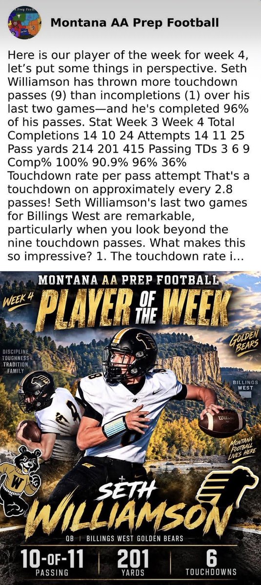 sethw_qb_2028's tweet photo. Grateful to be awarded Montana AA Offensive Player of the week for Week 4!
@RobStantonr @CoachDanWatson https://t.co/nTdOYM0IhM