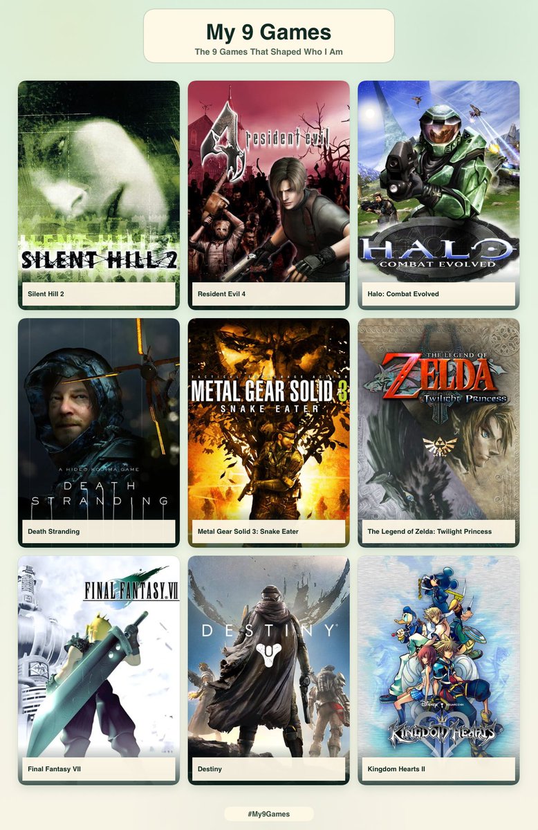 kojimahead's tweet photo. the 9 games that shaped me ❤️‍🩹 https://t.co/V9PoP5stg8