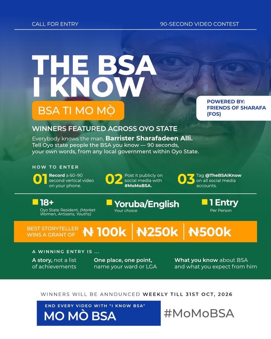 Ola_0498's tweet photo. If you’ve got a BSA story, this is your moment. Grab your phone, talk for 90 seconds, Yoruba or English, and you could take home up to ₦500k.
Post it with #MoMoBSA, tag @TheBSAIKnow and close with “Mo mò BSA”. Winners are picked every week till Oct 31.
#MoMoBSA #OyoAhead https://t.co/YmraXZG3dv
