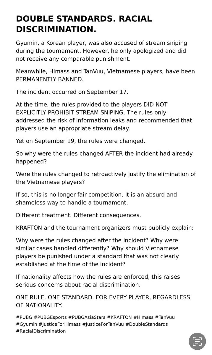 youknowwT's tweet photo. DOUBLE STANDARDS?

Gyumin was accused of stream sniping and only apologized. Himass &amp; TanVuu were permanently banned.

The incident happened before stream sniping was explicitly banned.

ONE RULE. ONE STANDARD. FOR EVERY PLAYER.
@EWC_EN @EWC_AR 
#JusticeForHimassTanVuu https://t.co/khFpg2H50O
