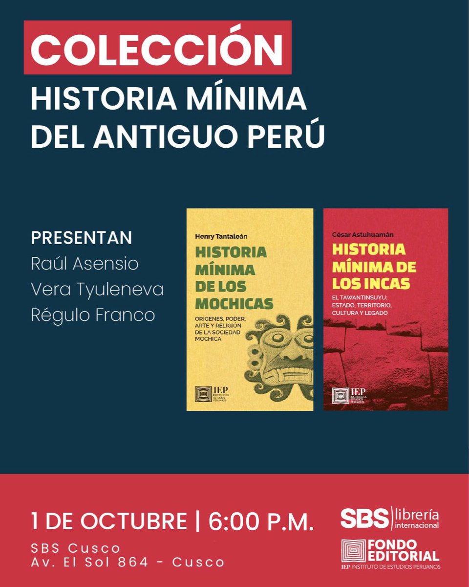 iepeditorial's tweet photo. #LlegamosATodoElPerú #Cusco
Este 1 de octubre a las 6:00 p.m. en la librería SBS Cusco, los esperamos en la presentación de la colección “Historia mínima del Antiguo Perú”.

🔴Participan:
Raúl Asensio
Vera Tyuleneva
Régulo Franco
📌Lugar: Librería SBS (Av. El Sol 864 – Cusco) https://t.co/pO827ppr58