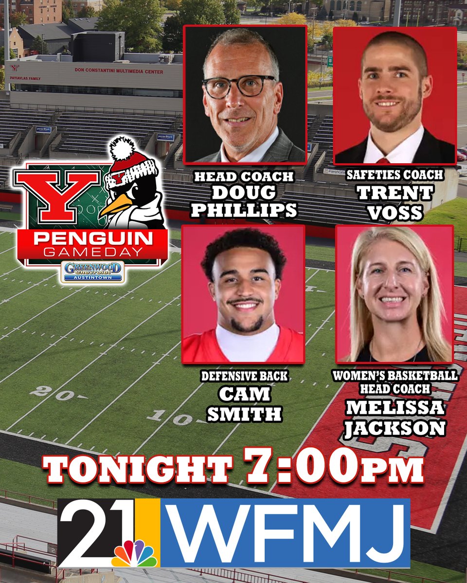 21WFMJSports's tweet photo. Tonight, on Penguin Gameday, head coach Doug Phillips, defensive back Cam Smith, safeties coach Trent Voss, and womenβs basketball head coach Melissa Jackson. #GoGuins https://t.co/2T0ggfDQJ5