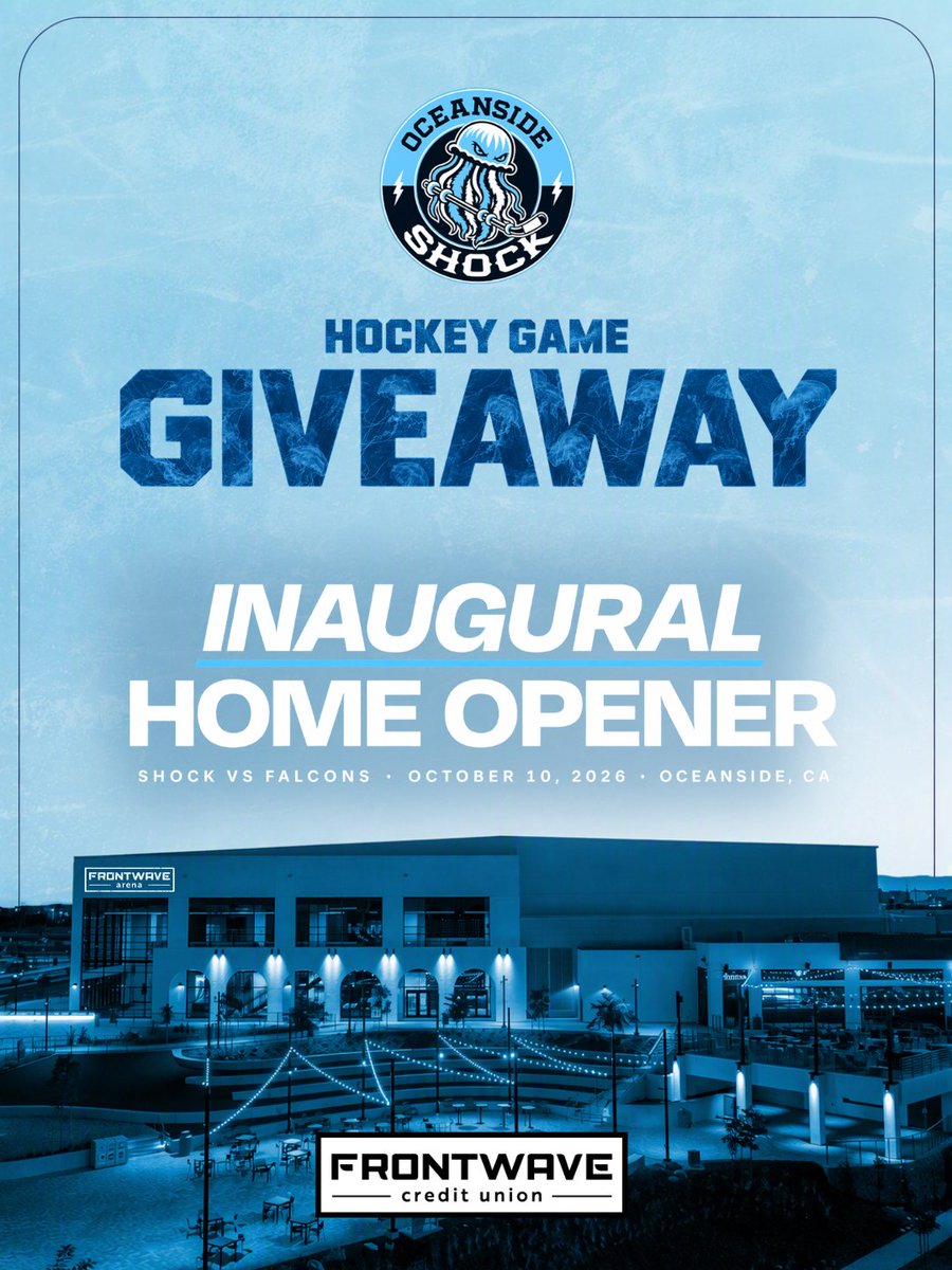 FrontwaveCU's tweet photo. 🏒🪼 HOCKEY IS ALMOST HERE, OCEANSIDE! 🌊⚡️

The ice is ready, the excitement is building, and the Oceanside Shock are about to make history at Frontwave Arena! 🏒🔥

Head to our instagram for rules &amp; how to enter!
https://t.co/1lLLqXP01z https://t.co/mQXj1QGvGw