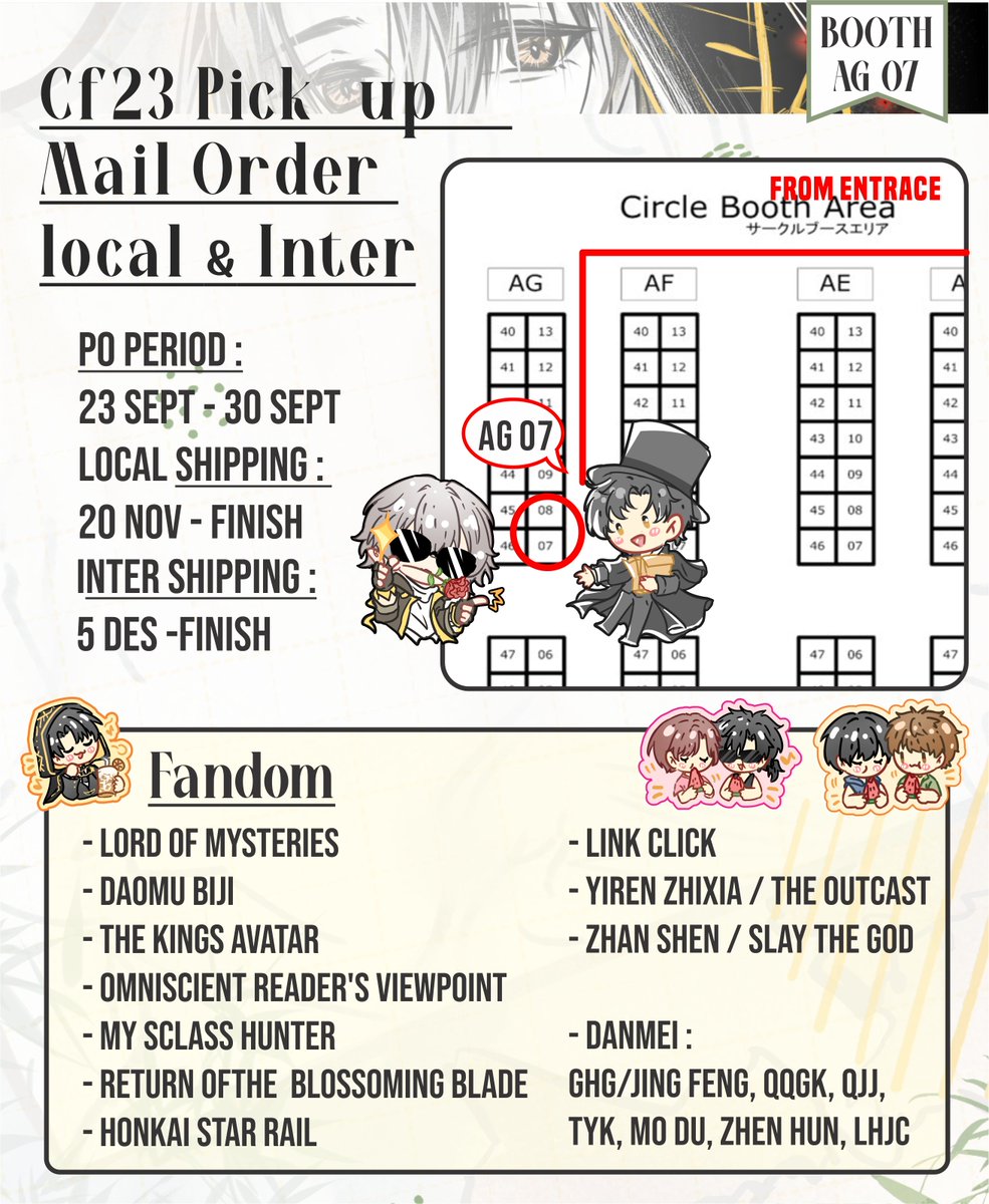 rafa_kecap's tweet photo. RTs💞
Rafa Kecap local &amp; Inter Mail Order + pick up #CF23

📅 CLOSE  PO 30 Sept
📌 BOOTH : AG07 
Pick UP CF : https://t.co/dAKBzf9OKe
local: https://t.co/T1nQTaqT58
Inter: https://t.co/AUvgdrysx9

#comifuro23catalogue #cf23catalogue
(1/4) [ORV, LOTM, DMBJ, TKA/QZGS] https://t.co/nQth8dJ9dI