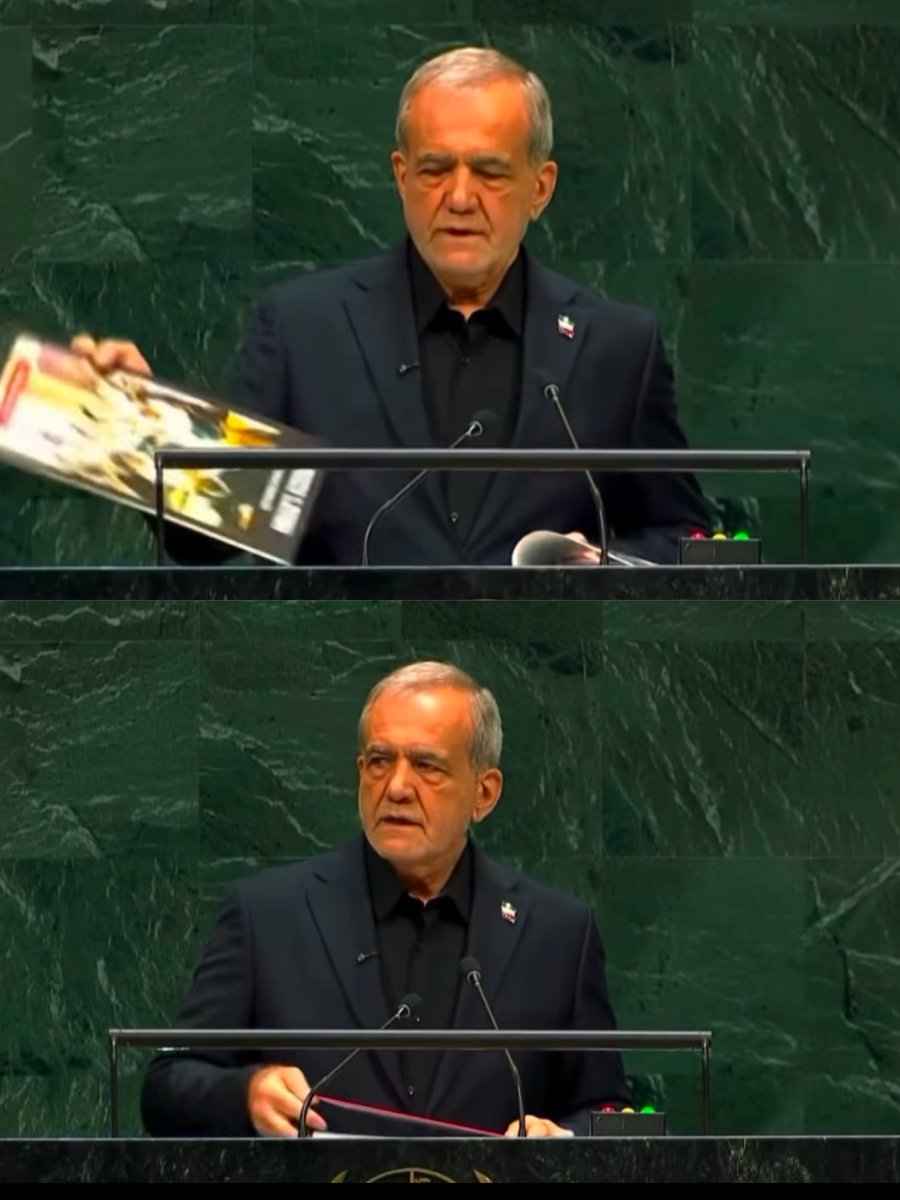 landpalestine's tweet photo. The President of Iran at the UN : 

“I come from an Iran where they bombed a school of children and they perished under bombs and weapons used by the US and Israel” https://t.co/CDRii0H9yu