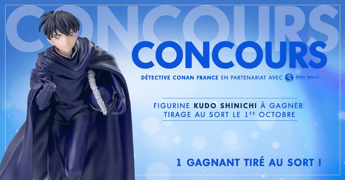 ConanStory's tweet photo. 🎁 #CONCOURS 🎁

Gagnez une figurine Shinichi Kudo pour fêter la sortie de Détective Conan : L'Ange Déchu de l'Asphalte au cinéma ! 🎉

✍️ Pour participer :

- RT+Fav ce tweet
- Follow @shinsekaifr
 et @ConanStory

- Mentionner un(e) ami(e)

🍀 T.A.S le 01/10 https://t.co/08m5c4756S
