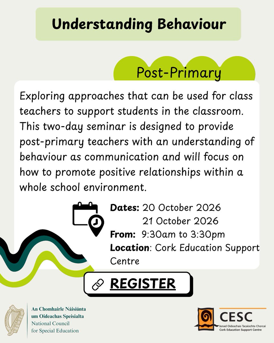 cork_cesc's tweet photo. 📚 Upcoming @ncseirl Teacher CPD at Cork Education Support Centre:

🟢 Co-Teaching (Post-Primary) – 29 Sept
🟡 Vision Impairment – 5 Oct
🟡 Deaf/Hearing Loss – 6 Oct
🟢 Understanding Behaviour – 20–21 Oct
Register: https://t.co/N29ifS31BF https://t.co/7FHNDq6ROy