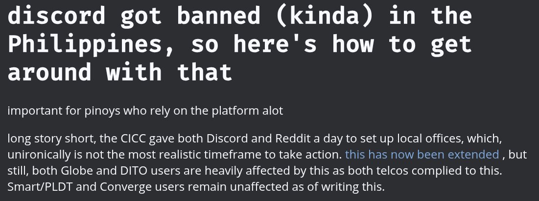 urovorozu's tweet photo. probably not something i would post but Philippines is ran with incompetent people, leading to this sudden Discord ban (even Reddit). i have put up a write-up on how to get around with it to spread awareness:
https://t.co/OpW4IoZGuW https://t.co/lH7RkrlKUU