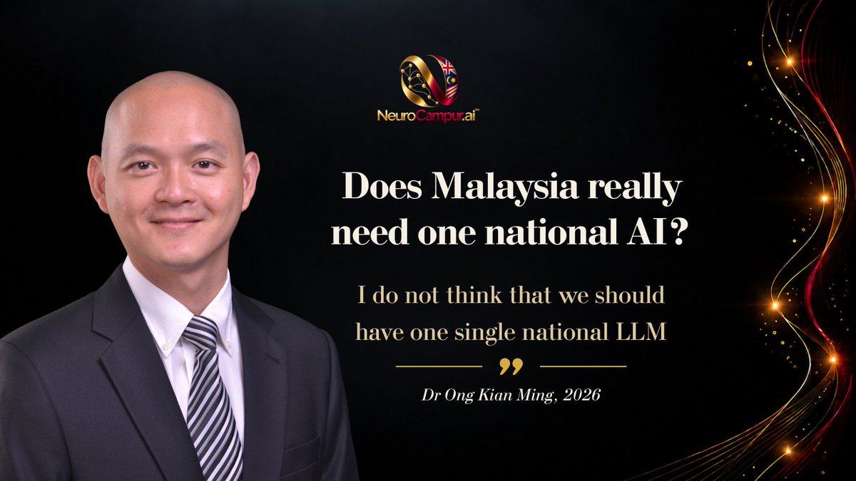 NeuroCampur's tweet photo. One national AI sounds simple but Malaysia is not.

Different languages, different needs, different industries and different ways of using technology.

So why should one model have to do it all?

Cognitive Sovereignty: The Series | Episode 4 https://t.co/U7jttNxTm3