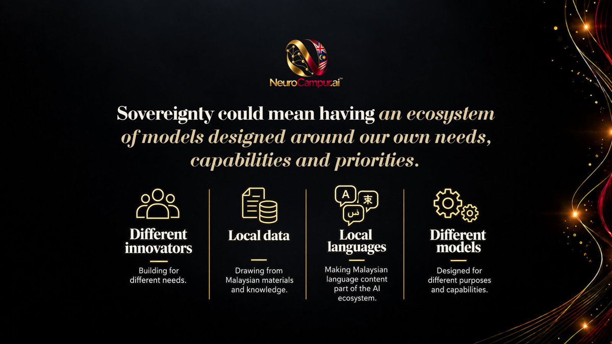 NeuroCampur's tweet photo. One national AI sounds simple but Malaysia is not.

Different languages, different needs, different industries and different ways of using technology.

So why should one model have to do it all?

Cognitive Sovereignty: The Series | Episode 4 https://t.co/U7jttNxTm3