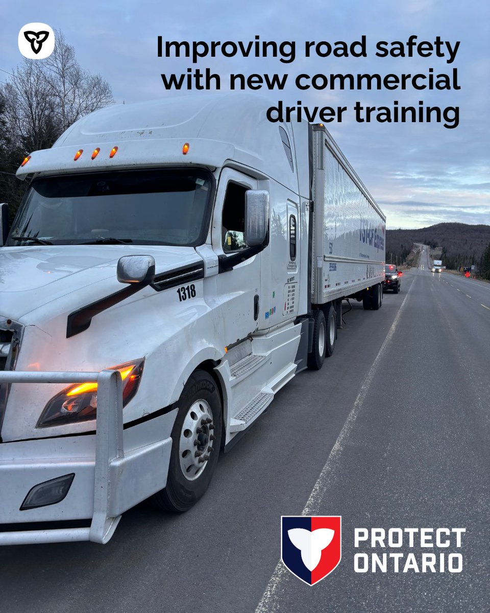 erniehardeman's tweet photo. We’re raising the bar for commercial driver training in Ontario.

Our government is developing stronger, standardized training requirements to ensure truck drivers have the skills and experience they need to safely operate on our roads.
https://t.co/q1Oag2irPv https://t.co/PW86p4nJtk