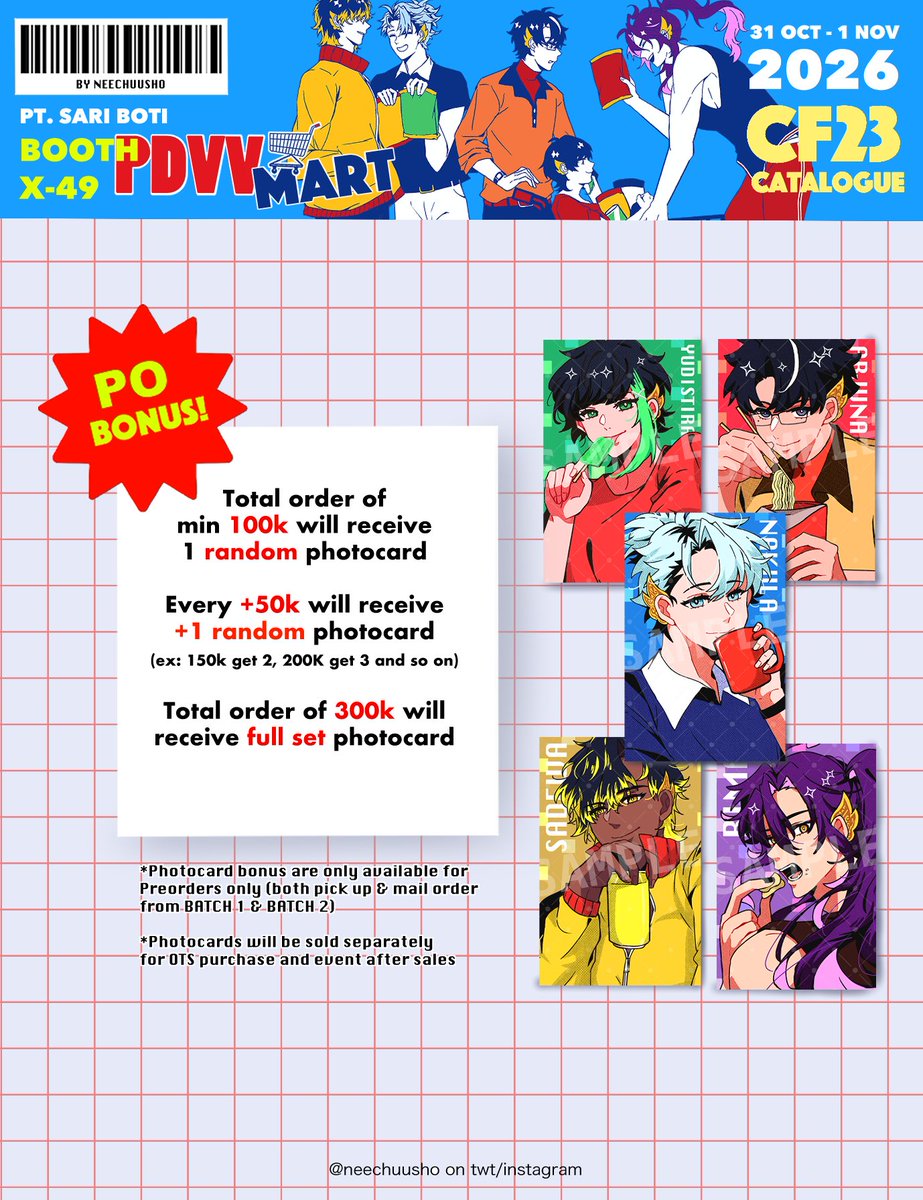 Neechuusho's tweet photo. 🔄&amp;💖appreciated! 

Neechuusho's #CF23 PO Catalogue + Giveaway batch 2 ! (1/4) 

📍 Both Days, ICE BSD
🗓️ PO period: 23 Sept - 1 Oct 2026 (closed 23.59 WIB/GMT+7)
🎨 PANDAVVA 
🔗 in reply

#Comifuro23 #cf23catalogue https://t.co/kXhzF7I8qI
