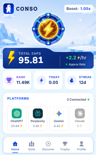 0xdvaN's tweet photo. Day 12 with @conso_xyz ⚡

My dashboard has me wondering: do I reach for ChatGPT because it fits the task, or simply out of habit?

Having my AI activity in one place makes that question harder to ignore. Curious how the split will look by day 30. https://t.co/9fAOrHoQcW