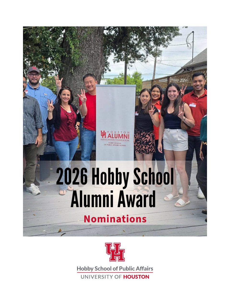 hobbyschooluh's tweet photo. The Hobby School is accepting nominations for the inaugural Hobby School Alumni Award. This award recognizes a graduate of the MPA, MPP or bachelor’s degree programs in public policy who embodies the school’s mission and values. Apply at https://t.co/ZNm6yZqjjB. https://t.co/kGU7Wwm3hf
