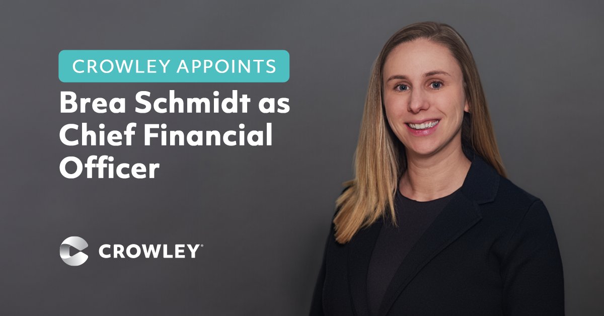 CrowleyMaritime's tweet photo. Brea Schmidt has been named CFO at Crowley. Since joining the company in 2025, she has helped advance financial strategies that support investments in vessels, terminals and technology across our logistics, shipping, government and energy businesses.

https://t.co/O12ymahgA9 https://t.co/jkdPxRX5cQ