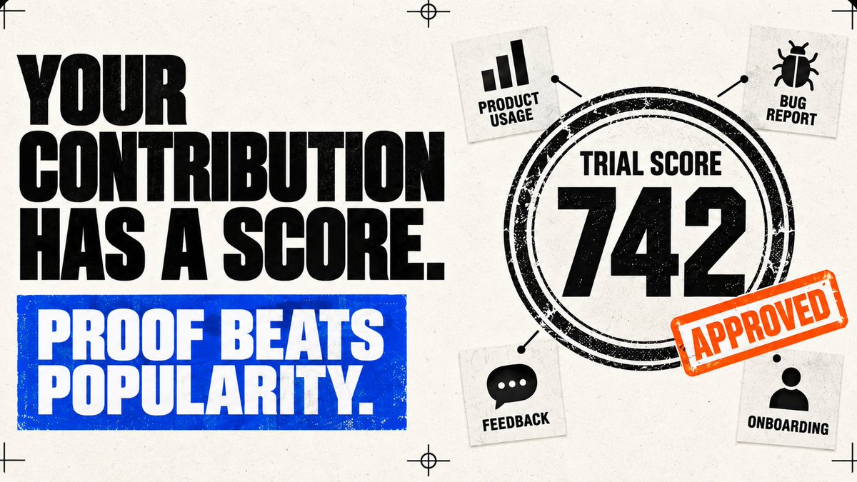 trial_launch's tweet photo. Your contribution should be worth more than your place in a queue.

Trial Score recognizes verified product usage, useful bug reports, structured feedback and successful onboarding.

Proof beats popularity. https://t.co/bkW8oqVgaz
