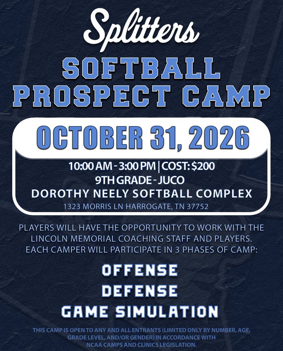 LMU_Softball's tweet photo. Excited to announce our 2026 Fall Prospect Camp!

Come camp with the Splitters on October 31st at Dorothy Neely Softball Complex!

Sign up today‼️

https://t.co/byrvowPzaM https://t.co/dGEq9CV5fz