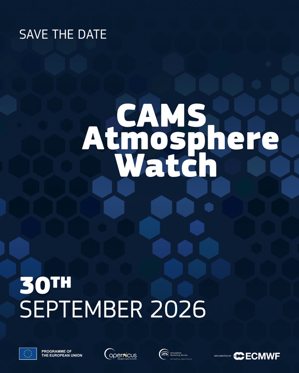 CopernicusECMWF's tweet photo. 📣 Mark the date! On 30 September 2026, #CopernicusAtmosphere will release the first edition of CAMS #AtmosphereWatch, a new publication exploring how ground-level ozone, wildfire smoke &amp; dust plumes travel across borders &amp; affect air quality far from their sources.

Stay tuned! https://t.co/pZJht5UZ9P