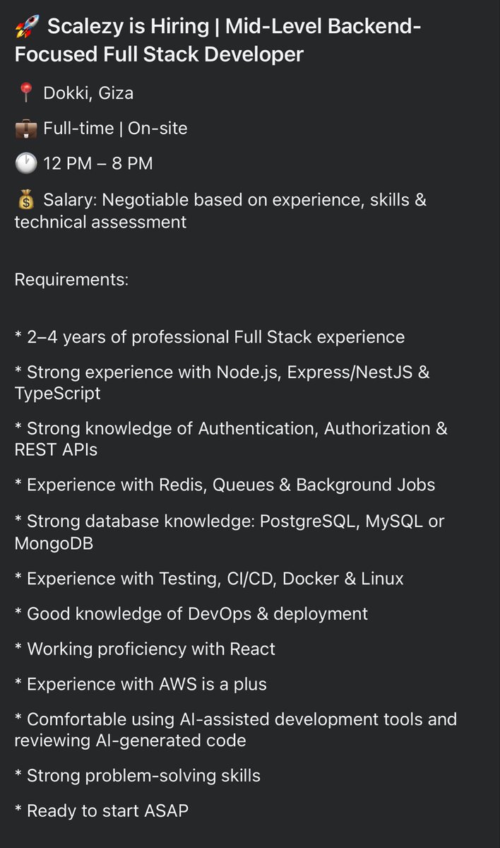 tifa_toofy's tweet photo. π© To apply: Send your CV + GitHub / Portfolio Projects via WhatsApp:
01042266565
#Scalezy #Hiring #FullStackDeveloper #NodeJS #ReactJS #BackendDeveloper #TechJobs #EgyptJobs https://t.co/ZSCpCRXTHl
