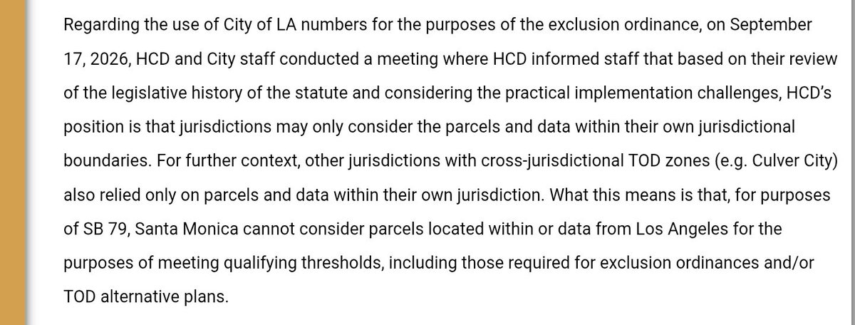 JacobLWasserman's tweet photo. Wonk #SB79 update: @California_HCD won't put it in writing, but they have (sensibly) clarified that all SB 79 calculations need to be made within the borders of a city, even if the transit stop area crosses jurisdictions: https://t.co/JhsymaMmGg https://t.co/zif11M6PuI