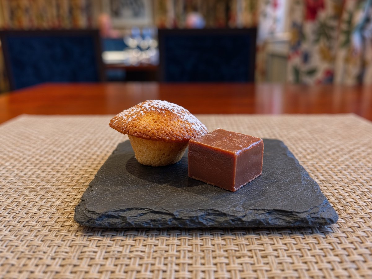 RuxtonLily's tweet photo. Mignardises:
Madeleine &amp; Chocolate Fudge

@Greywalls_Hotel 
https://t.co/Cu0mUmjQGs
https://t.co/gZ86HU5Dp7
note:
post contains a photo from the venue and an AI edited image. https://t.co/EMarHFWiq9
