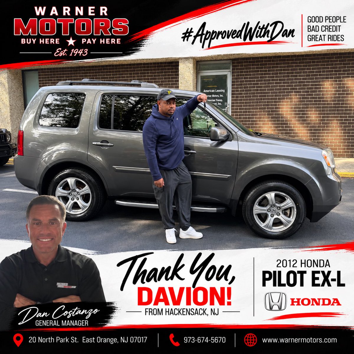 WarnerMotorsInc's tweet photo. ๐ Congratulations to Davion from Hackensack, NJ on the purchase of his 2012 Honda Pilot EX-L! ๐๐
We really appreciate you choosing Warner Motors and trusting us with your purchase. Enjoy the new ride!
#WarnerMotors #HondaPilot #CustomerAppreciation #ApprovedWithDan https://t.co/KCjIxFAcDL