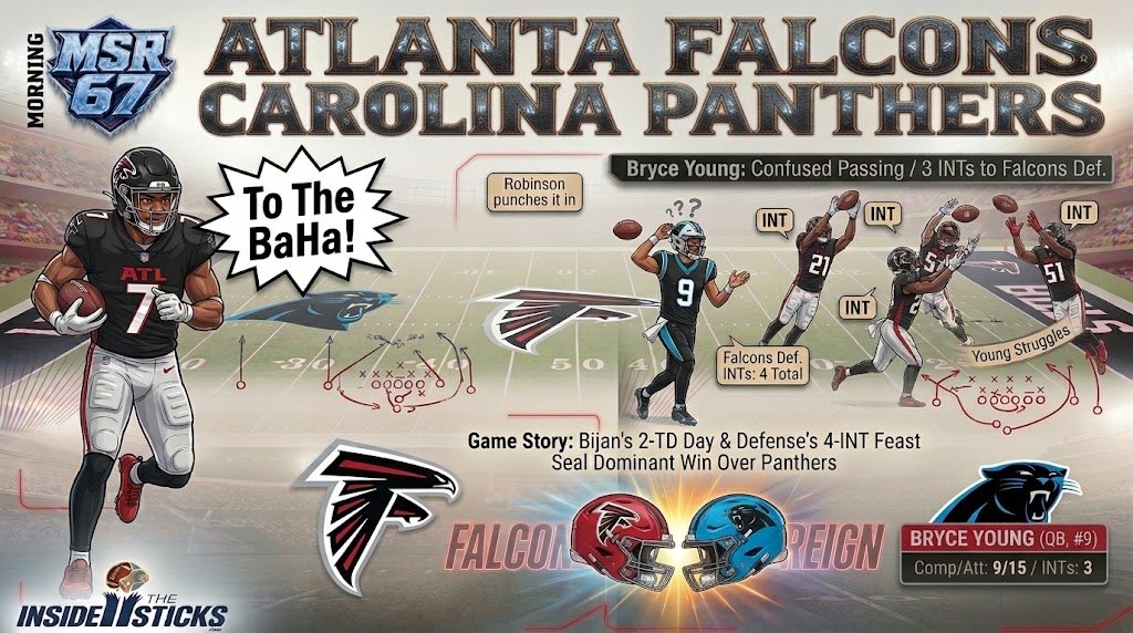 MSRSticks's tweet photo. The Morning Drop - Week 2 (cont.):

Atlanta came into their home opener ready to defend and they did just that in a 30-21 win. The Falcons defense had 4 INTs in the win.

QB Bryce Young threw 3 of them in the loss.

#MSR67 | @MSRLeague @MyMaddenDev https://t.co/T0kyY6z9ne