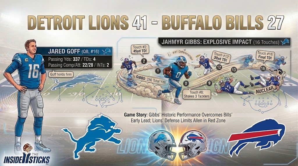 MSRSticks's tweet photo. Week 2 in the @MSRLeague is flowing ... Let's recap the action with #TheMorningDrop!

RB Jahmyr Gibbs gave the Buffalo fits all night as he dominated running and receiving in a 41-27 win past the Bills

QB Jared Goff throws 4 TDs in the win

#MSR67 | @MyMaddenDev | #Lions https://t.co/GUKz6J1XTW