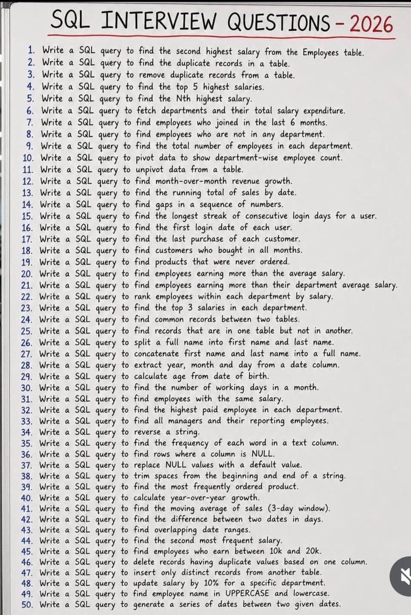 Ai_YashAgrawal's tweet photo. SQL interview questions 2026
#SQL #interviewquestions https://t.co/GeKMGgZ6tb