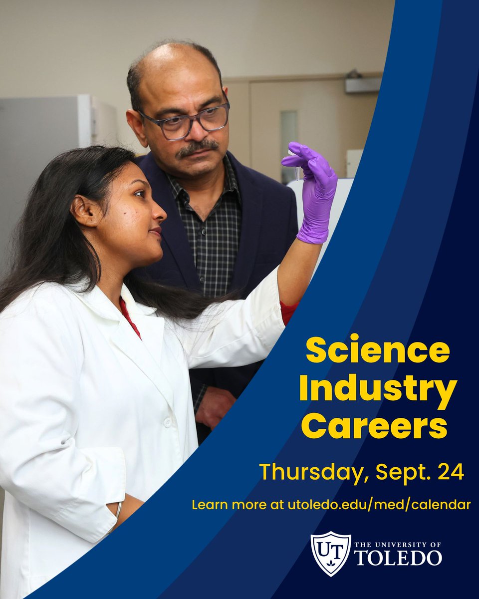 UToledoMed's tweet photo. Join us for "Science Industry Careers" lead by Brad Fackler on Thursday, Sept. 24 at 4 p.m. 🧪 

Learn about a wide range of careers for science graduates.

Learn more: https://t.co/5h8emOObuw 🔗 https://t.co/lQqiB51x2q