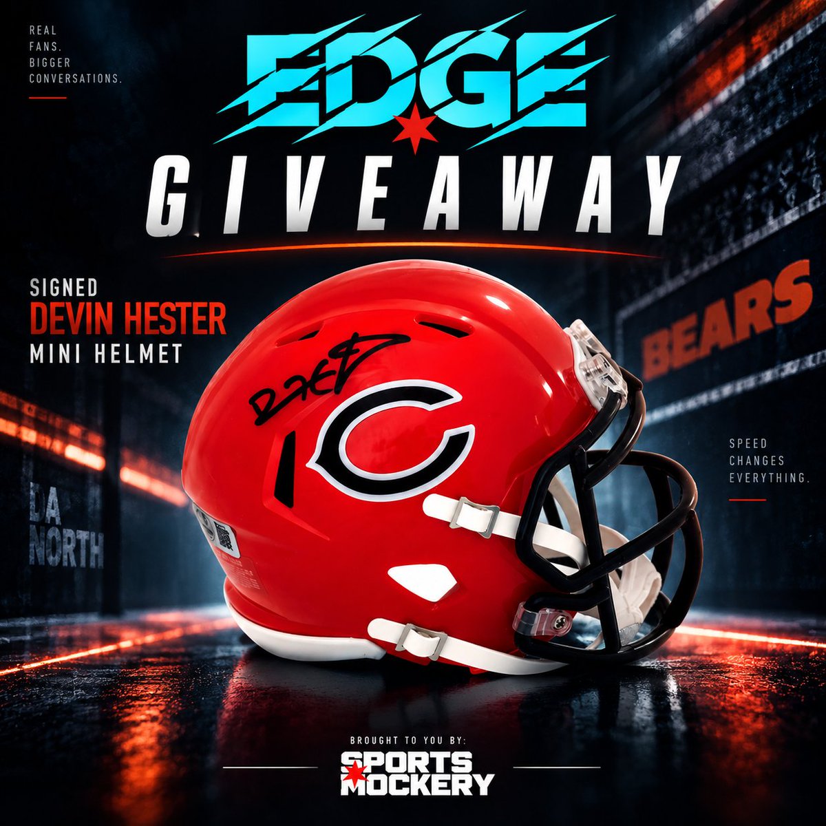 sportsmockery's tweet photo. 🚨 DEVIN HESTER GIVEAWAY UPDATE

We’re picking a winner NEXT WEEK for this autographed Devin Hester mini helmet. 🐻🔥

If you haven’t entered yet, there’s still time:

⚡ Sign up to beta test EDGE
👊 Follow @SportsMockery + @UntoldChicago
🔁 Repost this post
📲 https://t.co/EhBsaYsB2w

Someone’s adding this to their Bears collection next week. Why not you?

#DaBears