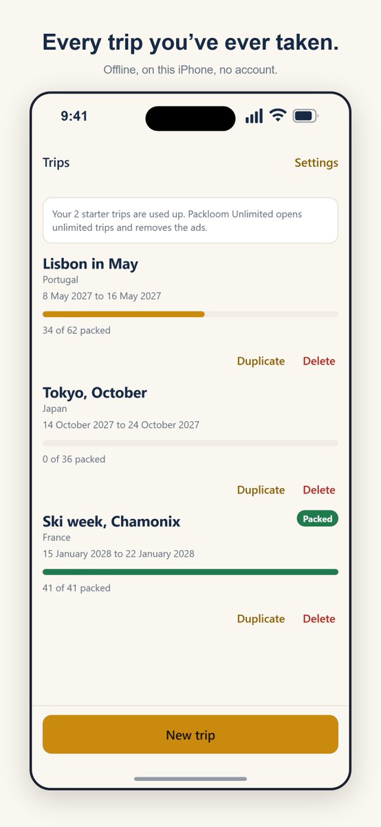 webbifylabs's tweet photo. What did you forget last time?

Packloom is a packing list that works on the plane. Start from a template, keep a list per person, tick things off as you pack, then duplicate the whole trip next time you go somewhere similar.

Free on iPhone. https://t.co/lcusPbKrD8 https://t.co/nkf3qpUZUY