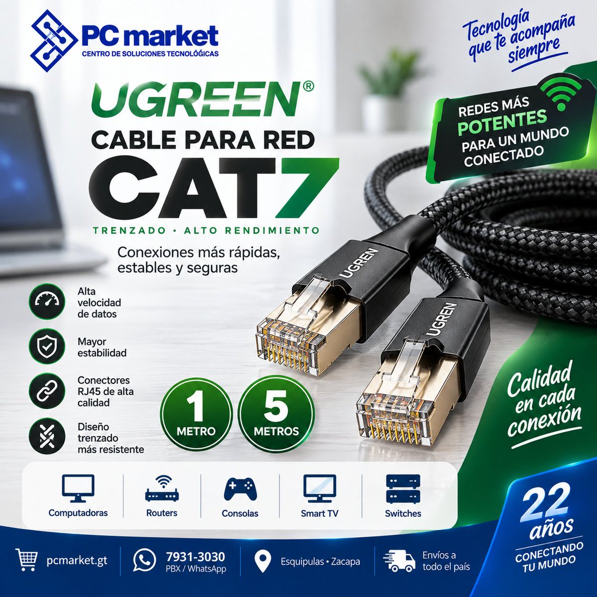PCMARKETBYE's tweet photo. 🌐 Mejora tu conexión con UGREEN CAT7

Cable de red trenzado con conectores RJ45, ideal para computadoras, routers, consolas, Smart TV y más.

📏 1 y 5 metros
🛒 https://t.co/sOMHrW0iQY
📲 7931-3030
📍 Esquipulas • Zacapa
#PCMarket #UGREEN #CAT7 #Ethernet https://t.co/nIknhoNtLl