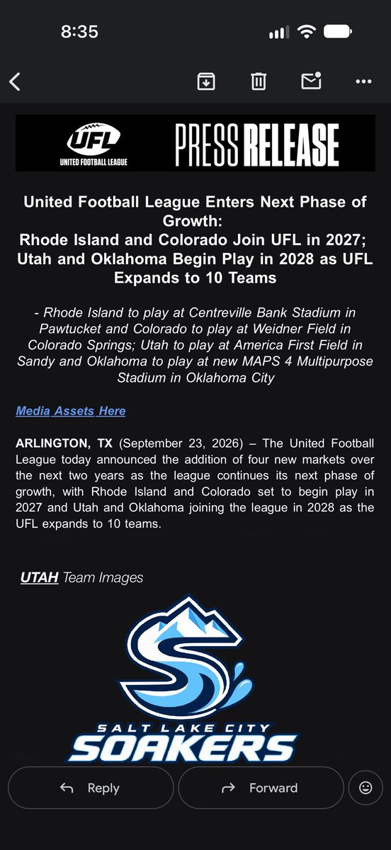 UFLdaily's tweet photo. 🚨UFL ANNOUCMENT:

Even though UTAH is not playing until 2028 the #UFL has revealed the team name and logo(s) in an email for one of their 4-team expansions.

This also includes teams coming to Colorado, Oklahoma, and Rhode Island. https://t.co/2UOjLKlsYh