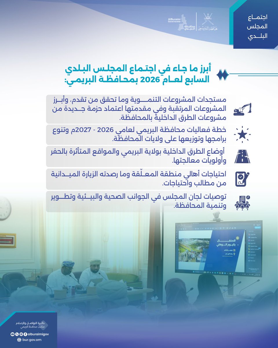 أبرز ما ناقشه المجلس البلدي بمحافظة البريمي في اجتماعه السابع لعام 2026م، من موضوعات خدمية وتنموية وتخطيطية.
#محافظة_البريمي