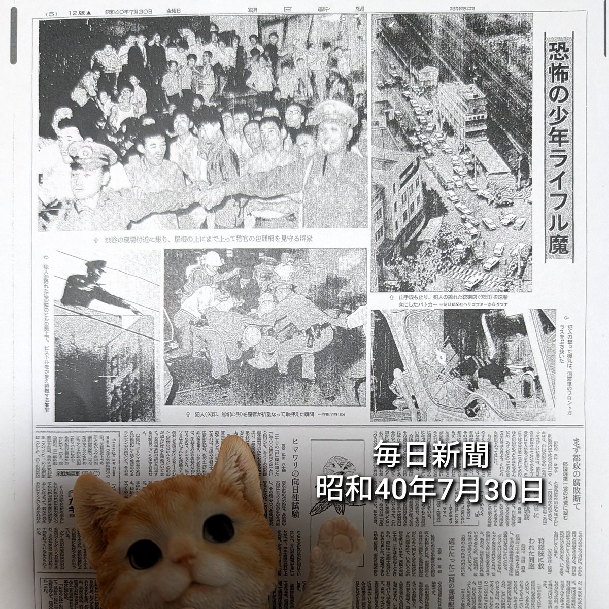 rinaogawa's tweet photo. 『少年ライフル魔事件 1965年』

少年ライフル魔事件は、1965年（昭和40年）7月29日に当時18歳の少年が神奈川県と東京都（渋谷）で警察官を射殺し、銃器店に立てこもって発砲を繰り返した凶悪犯罪です。

新聞記事追加で探しています🐰

#少年ライフル魔事件
#アメブロ https://t.co/i7oggu3qti https://t.co/8XgW5nvWaX